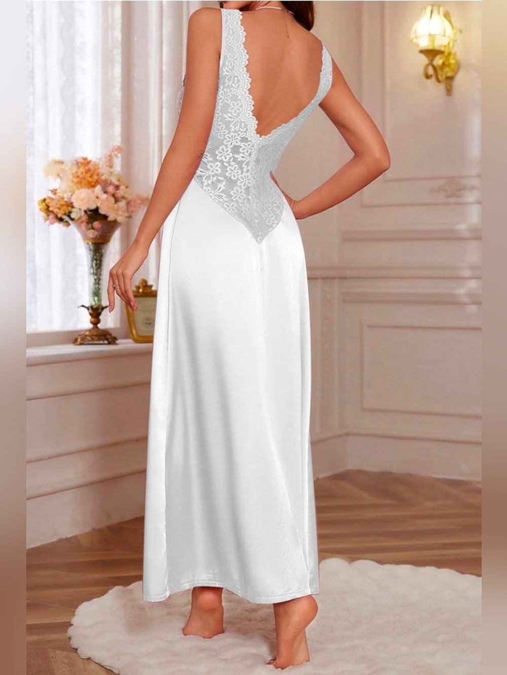 Lace Backless Sexy Long Satin Sleepwear Deep V Neck Sleeveless Nightgown Bride - Picture 8 of 11
